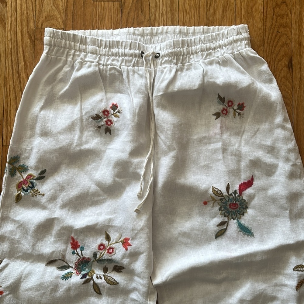 Johnny Was L white Embroidered linen lounge pants drawstring and elastic waist - Picture 6 of 8
